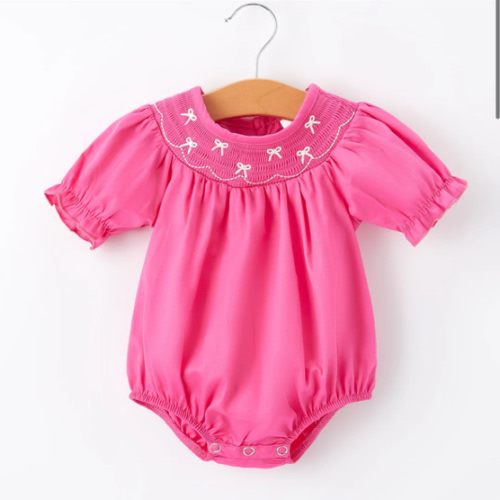 Girls Bow Smocking Embroidery Hot Pink Romper