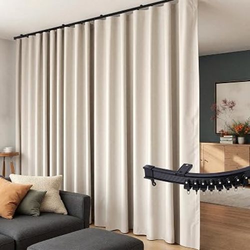 Cortinas divisoras de habitación con rieles de techo flexibles, cortinas opacas para sala/dormitorio, cortinero de techo, paneles divisores de privacidad, 100 x 108 pulgadas, cortina beige, riel negro