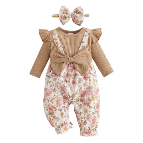 YINGISFITM Newborn Baby Girl Clothes Floral Romper Fack Two Piece Jumpsuit | Floral Romper,Vintage Infant Jumpsuit,Bow Heandband,Baby Girl Clothes Newborn Fall/Winter 0 3 6 9 12 18 Months
