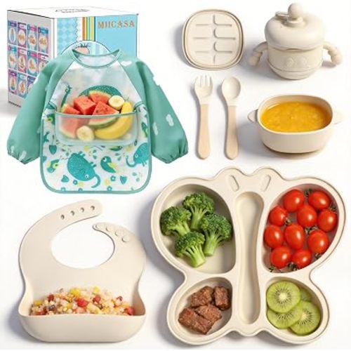 Silicone Baby Feeding Set, Baby Led Weaning Supplies, Silicone Suction Butterfly Plate, Bowl, Spoons, Fork and Waterproof Bib & Cloth Bib, Eating Utensils Baby Feeding Essentials (Beige)
