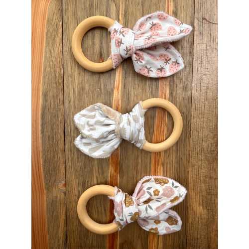 Organic Baby Teether – Wooden Ring Teething Toy with Fabric Bunny Ears – Baby Shower Gift