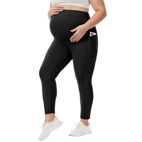 Happy.angel Plus Size Maternity Leggings with Pockets,Pregnancy Yoga Pants Over-The-Belly,Maternity Tights for Workout Casual