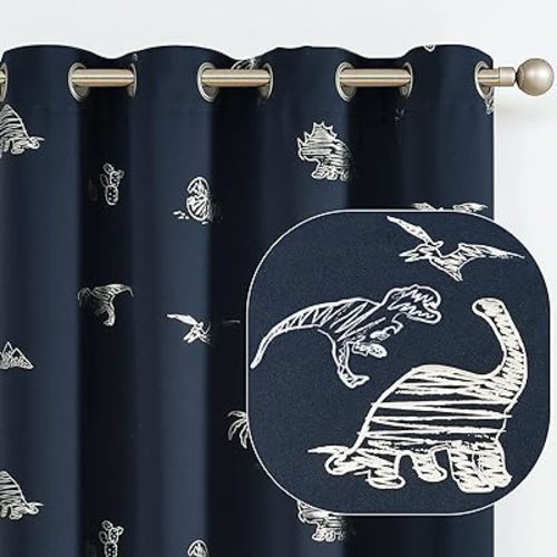 Vangao Kids Curtains Navy Blue Blackout Dinosaur Curtains for Boys Kids Nursery Girls Room Silver Dino Foil Print Thermal Insulated Drapes Grommet Top Window Treatments 84 Inches Length 2 Panels