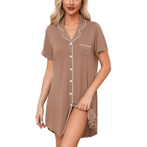 Anjue Pajama Nightgowns for Women Button Down Pajamas Tops Short/Long Sleeve Sleepwear Sleep Shirts Nightdress S-XXL