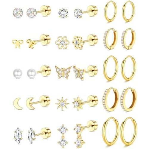 LOLIAS 14K Gold Plated Flat Back Earrings - Hypoallergenic Surgical Stainless Steel Stud Hoop Earrings for Women Girls Cute Stud Earring Set Small Huggie Hoops Cartilage Earring Stacks