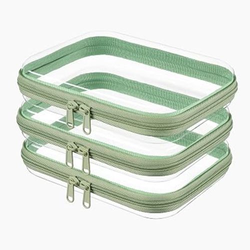 3-PCS Medium Clear Hard Shell Zipper Pouches, Clear Zipper Bags (3M, Green)