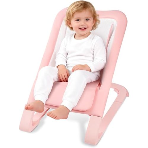Baby Bouncer for Newborns 0-12 Months: 0-5 Years Portable Infant Girl Bouncer Seat Chair in Pink with Adjustable Recline & 3-Point Harness, Supports Up to 60 lbs