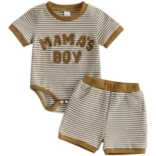 Douhoow Baby Boy Summer Outfits Short Sleeve Mamas Boy Embroidery Baby Waffle Romper Shorts Set Infant Festival Clothes