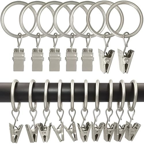 100 Pack Curtain Rings with Clips, Curtain Clip Rings Hooks, Bow Hanger Clips for Hanging Drapery Drapes Bows, Ring 1 inch Interior Diameter, Fits up to 5/8" Rod, Matte Silver