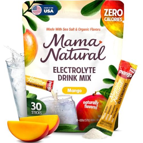 Mama Natural Electrolytes Powder Packets – Instant Hydration with natural Sea Salt, Potassium & Magnesium Glycinate – Sugar Free, Organic Mango Flavor – 30 Travel Sticks for Postpartum & Pregnancy
