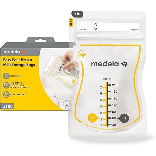 Medela Easy Pour Breastmilk Storage Bags, Disposable Leakproof Breast Milk Bags with Milk Protection, Recyclable & BPA Free, 210ml Capacity, 100 Pack