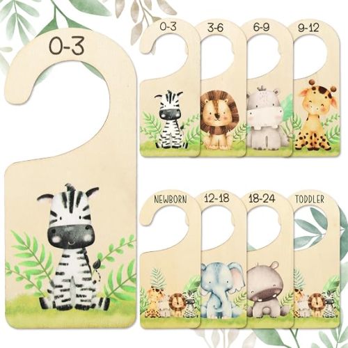 Whaline 8 Pcs Baby Closet Size Dividers Watercolor Safari Animals Hanging Wooden Baby Closet Organizer Newborn to 24 Months Thicken Baby Wardrobe Organizer for Home Nursery Decor
