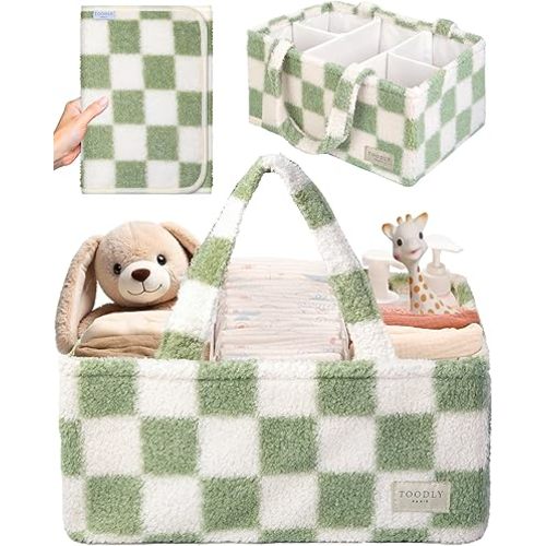 Checkered Diaper Caddy Organizer with Portable Changing Mat - Teddy Fleece Diaper Organizer for Changing Table - Caddy Organizer with Removable Dividers - Green and White