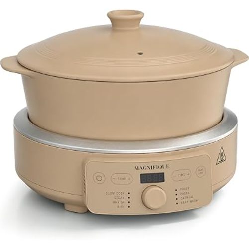 MAGNIFIQUE Slow Cooker, 4.5 Quart 8-in-1 Clay Pot Multi-Cooker, Non-Toxic Slow Cooker with Removable Clay Pot, for Rice, Pasta, Steam & Proof, Nonstick, Oven Safe Pot to 500°F, Brown