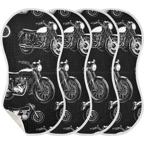 Black White Motorcycles Burp Cloths Baby Boys Girls Absorbent Soft Cotton Burping Cloths Rags, 4 Pack