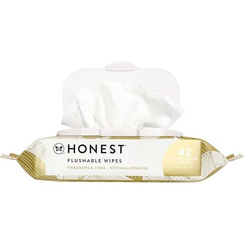 The Honest Company Hypoallergenic Flushable Wipes for Sensitive Skin, Gilded Wings, 42 Count