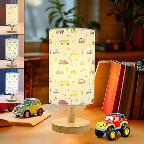 Car Kids Table Lamp for Bedroom Boys Bedside Lamps 3 Colors Wooden Nightstand Night Light with Cartoon Linen Lampshade Desk Lamp for Girls Boys Room Nursery Decor,Car Gifts for Kid Children