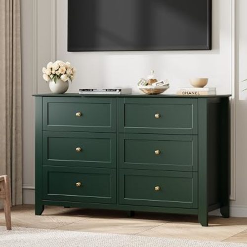 Garvee 6 Drawer Dresser for Bedroom, 47.2" Wide Modern Large Chest of Drawers with Metal Knobs, Wooden Clothes Storage Organizer for Closet, Nursery, Living Room, Apartment, Green