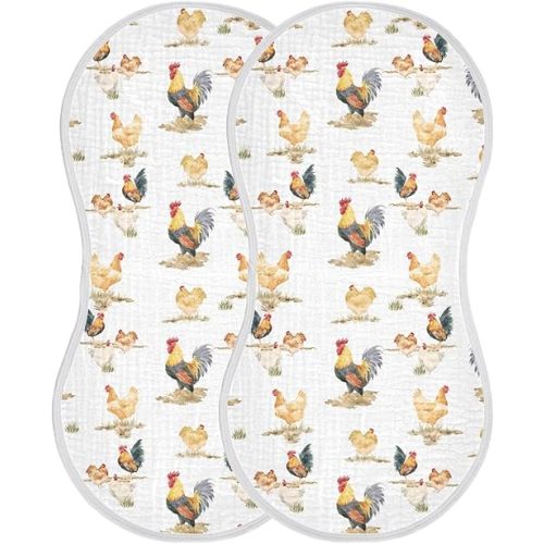 Muslin Burp Cloths for Baby Boys and Girls - 2-Pack Ultra Absorbent Rustic Retro Chickens Rooster Muslin Washcloths, Newborn Towel, Milk Spit Up Rags, Burp Cloth Bibs for Unisex, 22 x 11 Inch