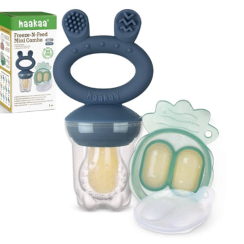 Haakaa Baby Fruit Food Feeder & Mini Freezer Nibble Tray Combo, Breastmilk Popsicle Molds for Baby Cooling Relief, BPA Free Silicone Feeder for Safe Infant Self Feeding, 4 Month+ (Steel Blue)