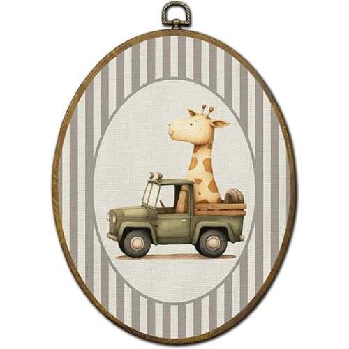 QZQE Giraffe Nursery Oval Wall Art Decor Framed, Animal Oval Canvas Prints, Giraffe Driving Car Neutral Striped Wall Hanging Decor for Kids Boy Nursery Toddler Room Bedroom Playroom, 8.6x11.4 Inch