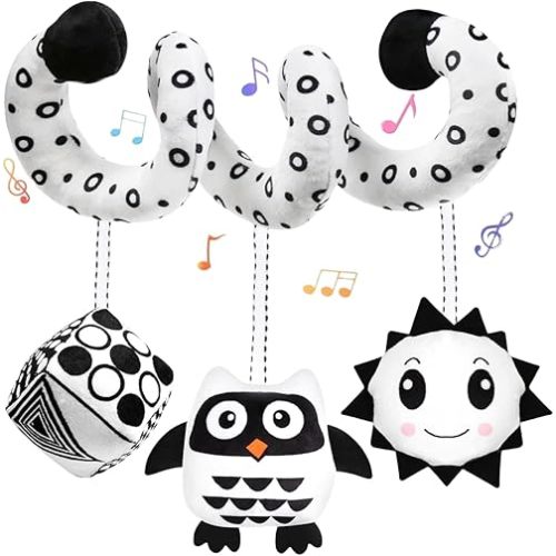 Baby Hanging Stroller and Car Seat Toys High Contrast Baby Toys for Newborn Black and White Sensory Plush Activity Toy for Babies 0-6 Months-OWL
