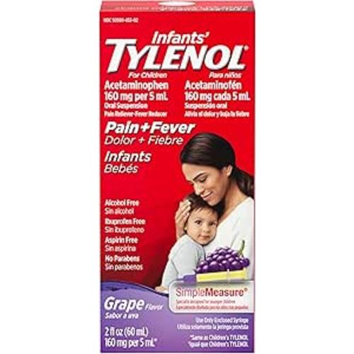 Infants' Tylenol Liquid Pain Relief & Fever Medicine, Oral Suspension, Acetaminophen for Sore Throat, Headache & Teething, Pain Reliever & Fever Reducer for Kids; Grape Flavor, 2 fl. oz.; Pack of 1