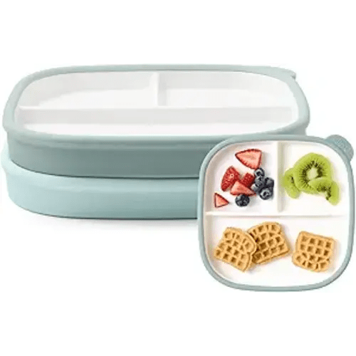 Ello Clean Start Toddler Breakfast Plate 2 Pack | BPA-Free Ceramic Plates with Divider & Silicone Sleeve for Babies/Toddlers| Microwave & Dishwasher Safe | High Chair Friendly | Dewdrop/Grayed Jade