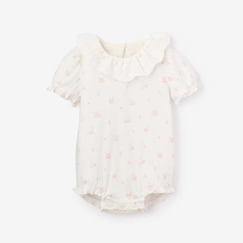 Pink Swan Print Organic Cotton Rib Baby Bubble Romper PINK / 0-3M