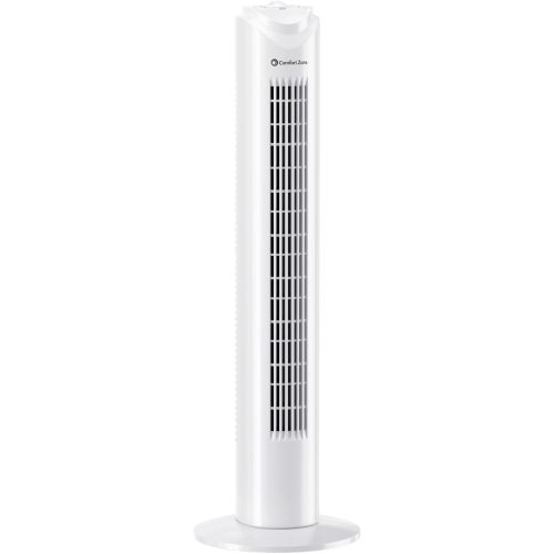 Comfort Zone Tower Fan for Bedroom, 32 inch, 3 Speeds, 90 Oscillation, Bladeless Indoor Fan, Built in Carry Handle, Portable Stand Fan, White