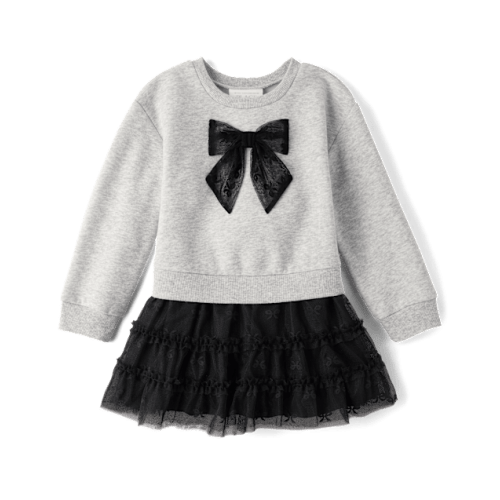 Baby And Toddler Girls Lace Bow Sweatshirt Dress - Gray