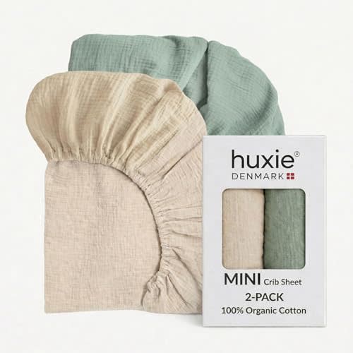 Mini Crib Sheets, 100% Organic Cotton, 24"x38" Pack n Play, Set of 2 | GOTS-certified deep-pocket 360° fit, also fits bassinets, playards & portable cribs (Fog/Roman Green)