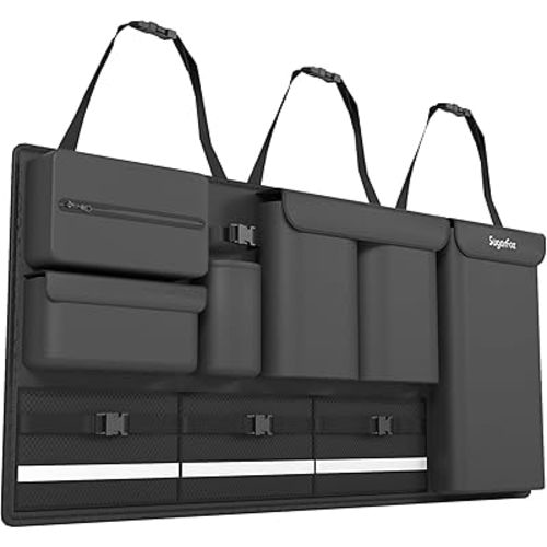 SugarFox Backseat Hanging Trunk Organizer for SUVs, Cars, Trucks & MPVs | Multi-Pocket Storage with Anti-Slip Straps | Space-Saving Auto Accessory | Gift for Drivers | Black, 37.8" x 18.1" - K230
