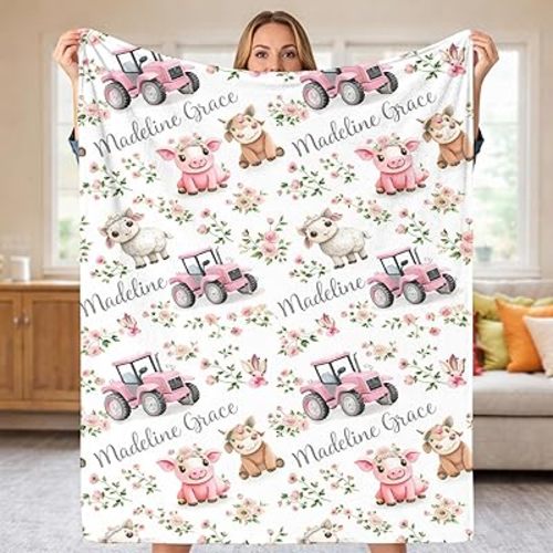 Personalized Baby Blanket with Name, Custom Pink Tractor & Farm Animals Fleece Blanket, Cute Pig Cow Sheep Nursery Decor, Soft Plush Swaddle for Girls, Unique Newborn Birthday Gift