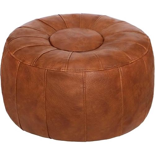 Thgonwid Unstuffed Moroccan Storage Pouf Foot Stool Ottoman Seat Handmade Faux Leather Bean Bag Floor Chair Foot Rest for Living Room, Bedroom or Balcony (Light Brown)
