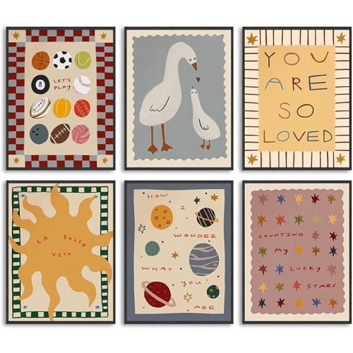 Pyvrah Set of 6 Unframed Art Prints, Boho Kids Room Wall Art, Cute Sports Goose Sun Planet Star Wall Decor, Minimalist Nursery Posters for Baby Bedroom Playroom, 12x16 Inch