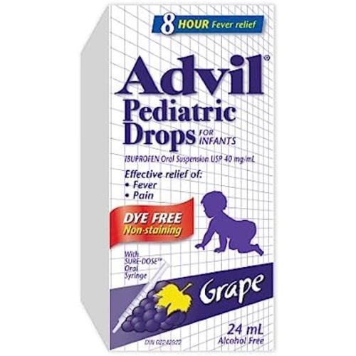 Advil Dye-Free Pediatric Drops Fever and Pain Reliever for Infants, Grape Flavour, 24 mL