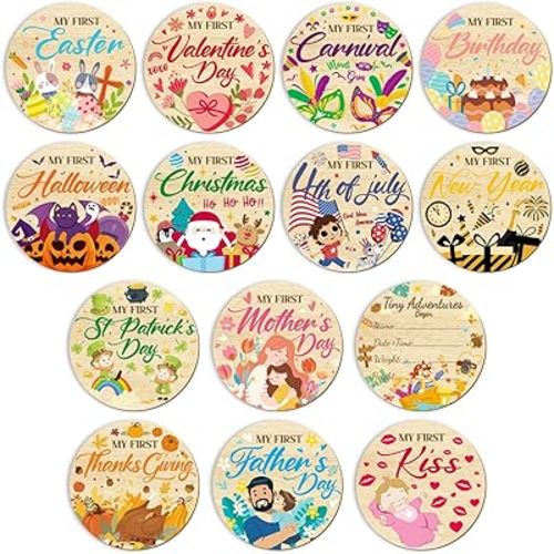 11PCS Baby Monthly Milestone for Photo Props, Wooden Double Sided Monthly Milestone Photo Cards for Baby Announcement Newborn Shower Gifts Party, First Holiday Milestones Signs Wooden Discs
