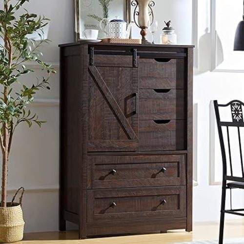 BOSHIRO Farmhouse 5 Drawers Dresser for Bedroom, 48" Tall w/Sliding Barn Door, Rustic Dresser 5 Chest of Drawers, Storage Organizer Dresser for Bedroom, Hallway, Living Room, Dining Room, Espresso