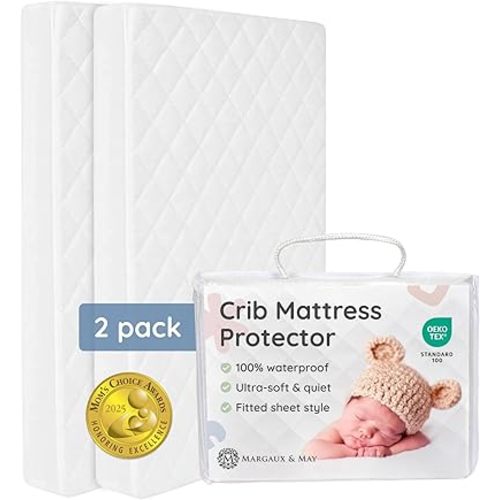 Margaux & May Crib Mattress Protector, 2 Pack – 100% Waterproof Baby Crib Mattress Protector Pad, Highly Absorbent Quilted Cover, Oeko-TEX® Certified, Noiseless, Fitted 28" x 52" Standard Crib Fit