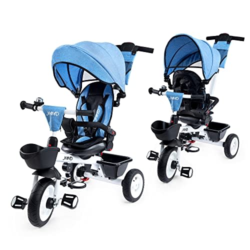 JMMD 7 in 1 Tricycle Stroller with Push Handle, Baby Trike with 360° Swivel Seat, Reclining Backrest, All-Terrain Wheels, Dual Brakes, Canopy & Storage, Gift for Kids 18 Months to 5 Years, Blue