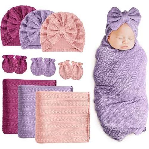 BQUBO Newborn Receiving Blanket Hat Mittens Set for Baby, Unisex Baby Boys Girls Essentials, Newborn Registry Must Haves, Stroller Crib Shower Gifts