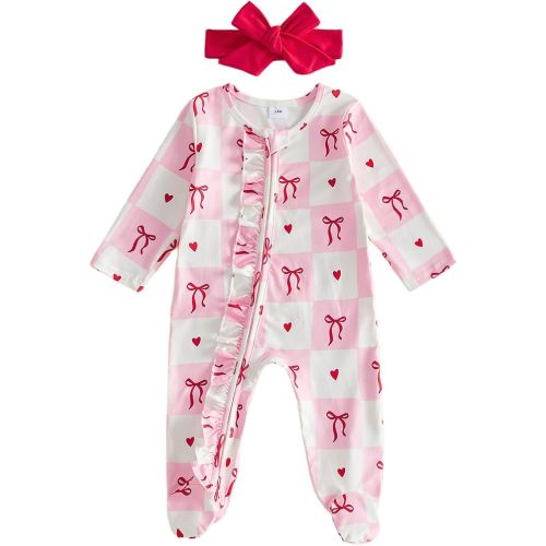 My First Valentines Day Baby Girl Outfit Newborn Heart Bow Onesie Romper Long Sleeve Jumpsuit Coming Home Clothes