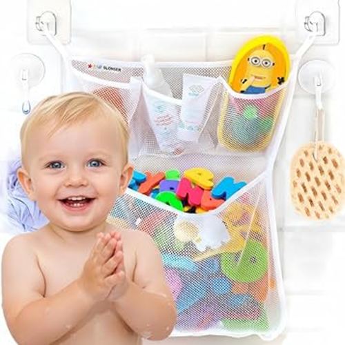 Bath Toy Holder 14x20 Inch, Mesh Bathtub Toy Storage Basket, Kids Bath Net, Tub Holder Bag, Toddler Shower Caddy Hanging Bucket Bin, Baby Bathroom Organizer with 2 Suction Cups, 2 Adhesive Wall Hooks