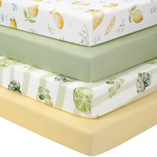 Mini Crib Sheets 38" x 26", Pack and Play Sheets Fitted for Pack n Play Mattress,4 Pack Soft Stretchy Microfiber Yellow Green Lemon