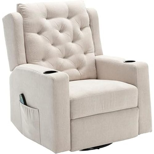 330lbs Oversized Swivel Rocker Recliner Chair with Massage Wide Seat Heavy Duty Fabric Reclining Chair, Plus Size Tufted Manual Rocking Glider Chair Recliners for Nursery, Beige