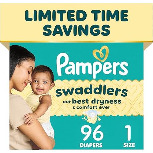 Pampers Swaddlers Diapers, Size 1 (8-14 lbs), 96 Count, Absorbent, Keeps Baby Dry and Comfortable, Skin Safe Disposable Baby Diaper (Packaging May Vary)