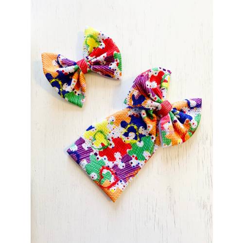 Rainbow Puzzle Pieces - Autism Bow: Nylon headband, Head wrap, Piggies or Clip Bow