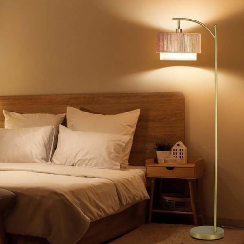 63 in. Gold Arc Floor Lamp for Living Room with 12W LED Bulb, Farmhouse Floor Lamp w/ Adjustable Rattan & Fabric Shades