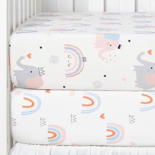 TILLYOU 2 Pack Fitted Crib Sheet Set - 100% Natural Cotton Toddler Bed Mattress Sheets,Standard 28”x 52”, Elephant & Rainbow
